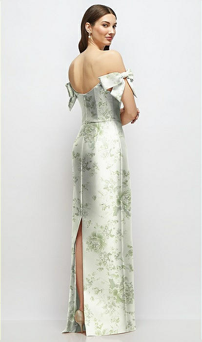 simply dreamy sage green satin floral jacquard maxi dress Basque-Neck Floral Satin Column Maxi Dress with Off-the-Shoulder Bows