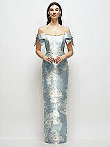 Front View Thumbnail - Porcelain Blue Seraphina Floral Basque-Neck Floral Satin Column Maxi Dress with Off-the-Shoulder Bows