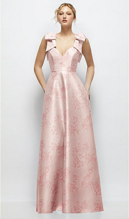 Deep V-neck Floral Satin Ball Bridesmaid Dress With Shoulder Bows In Bow  And Blossom Print | The Dessy Group