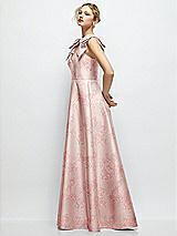 Side View Thumbnail - Bow And Blossom Print Deep V-Neck Floral Satin Ball Gown with Shoulder Bows
