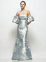 Front View Thumbnail - Porcelain Blue Seraphina Floral Off-the-Shoulder Puff Sleeve Floral Satin Maxi Dress with Flared Skirt