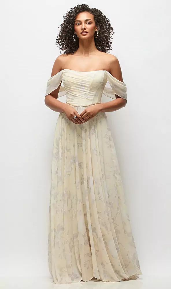 Off-the-Shoulder Basque Corset Floral Chiffon Maxi Dress in Butter Yellow Floral
