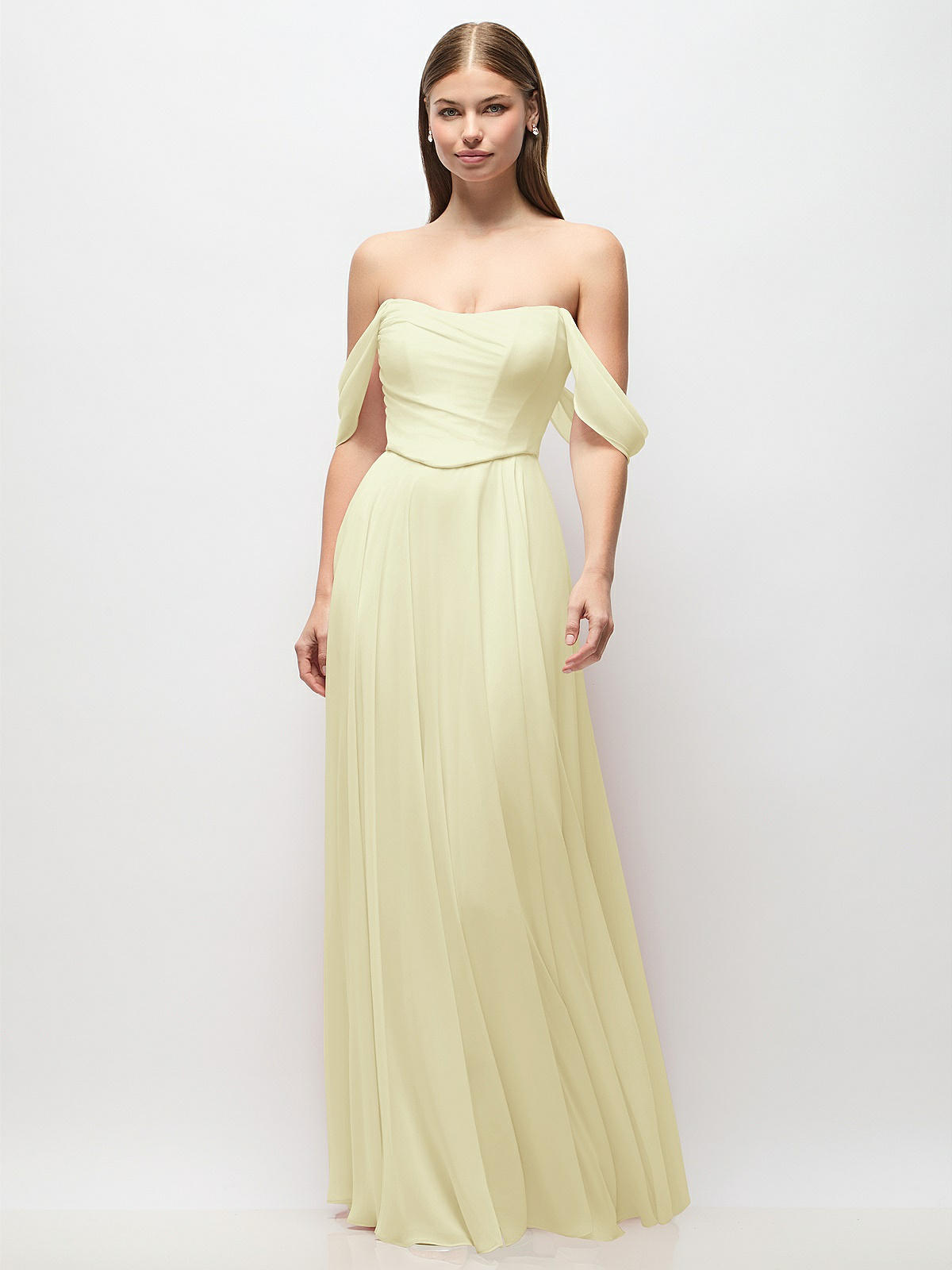 Heloise Yellow Off-the-shoulder Basque Corset Chiffon Maxi Bridesmaid Dress In Butter ...