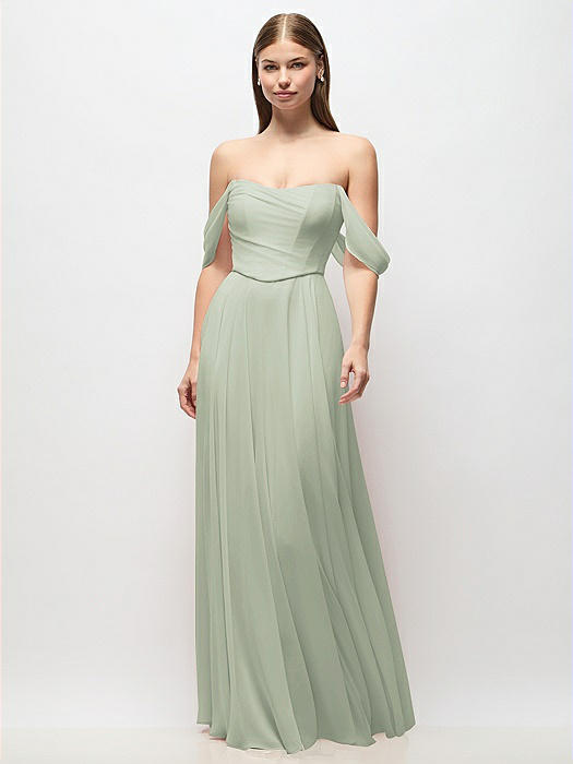 Off-the-Shoulder Basque Corset Chiffon Maxi Dress