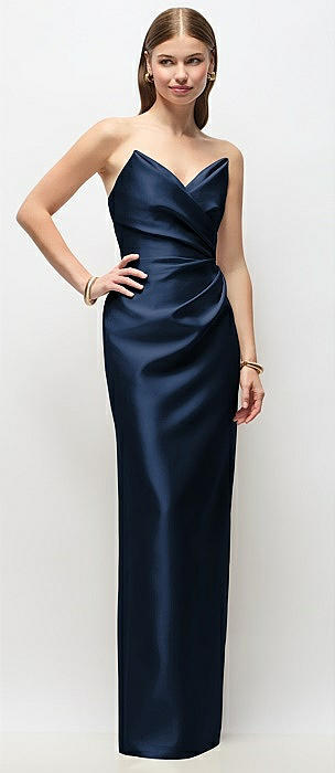Strapless Asymmetrical Draped Satin Column Maxi Dress