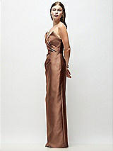 Side View Thumbnail - Cognac Strapless Asymmetrical Draped Satin Column Maxi Dress