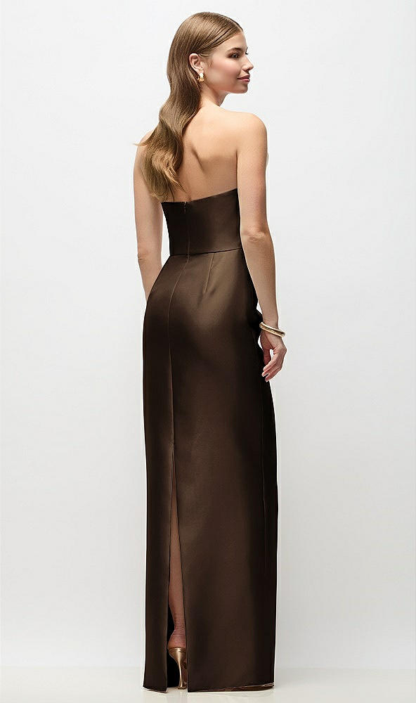 Back View - Espresso Strapless Asymmetrical Draped Satin Column Maxi Dress