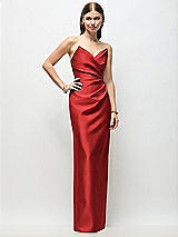 Front View Thumbnail - Poppy Red Strapless Asymmetrical Draped Satin Column Maxi Dress