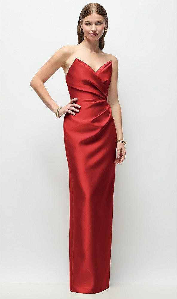 Front View - Poppy Red Strapless Asymmetrical Draped Satin Column Maxi Dress