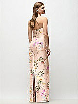 Rear View Thumbnail - Butterfly Botanica Pink Sand Strapless Asymmetrical Draped Satin Column Floral Maxi Dress