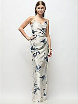 Front View Thumbnail - Inkwash Blue Floral Strapless Asymmetrical Draped Satin Column Floral Maxi Dress