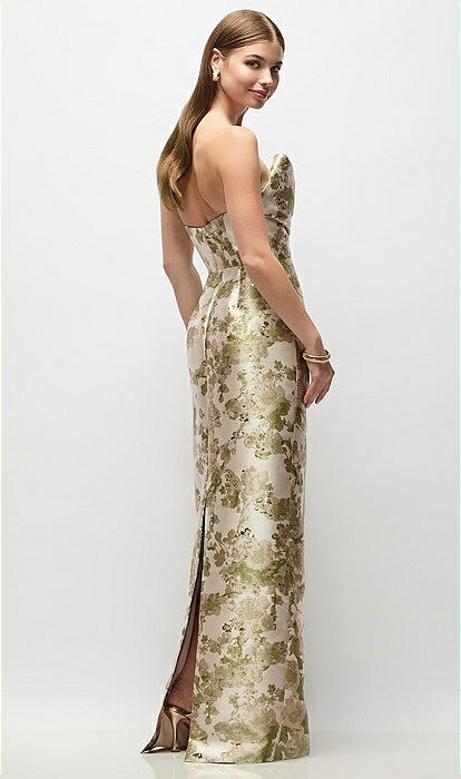 Strapless Asymmetrical Draped Abstract Floral Jacquard Column Maxi