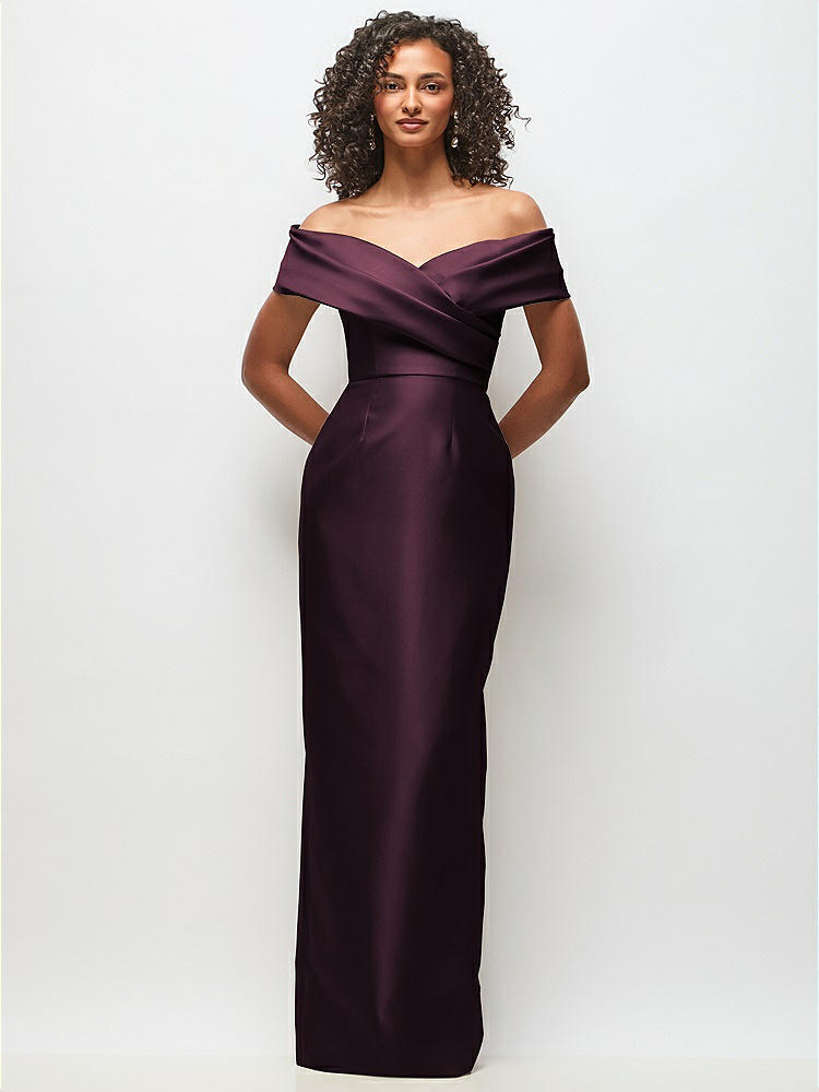 Off-the-shoulder Puff Sleeve Satin Maxi Bridesmaid Dress With Flared Skirt  In Midnight Navy | The Dessy Group