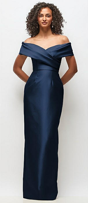 Draped Wrap Off-the-Shoulder Satin Column Floral Maxi Dress