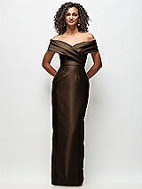 Front View Thumbnail - Espresso Draped Wrap Off-the-Shoulder Satin Column Maxi Dress