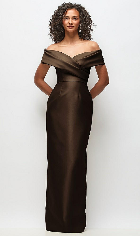 Front View - Espresso Draped Wrap Off-the-Shoulder Satin Column Maxi Dress
