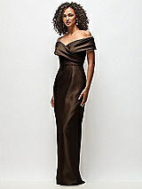 Side View Thumbnail - Espresso Draped Wrap Off-the-Shoulder Satin Column Maxi Dress