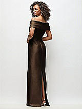 Rear View Thumbnail - Espresso Draped Wrap Off-the-Shoulder Satin Column Maxi Dress