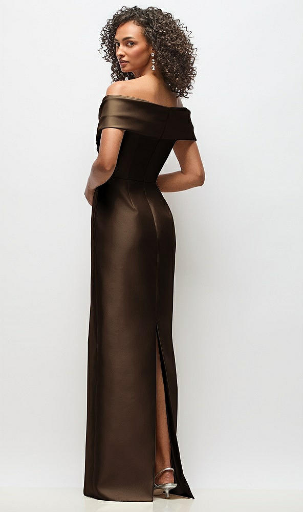 Back View - Espresso Draped Wrap Off-the-Shoulder Satin Column Maxi Dress