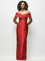 Front View Thumbnail - Poppy Red Draped Wrap Off-the-Shoulder Satin Column Floral Maxi Dress