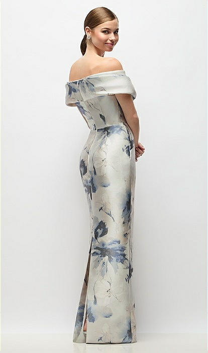 Draped Wrap Off-the-shoulder Satin Column Maxi Bridesmaid Dress In Inkwash  Blue Floral | The Dessy Group