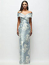Front View Thumbnail - Porcelain Blue Seraphina Floral Draped Wrap Off-the-Shoulder Satin Column Maxi Dress