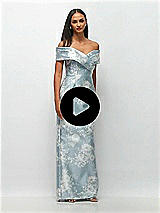 Video 1 Thumbnail - Porcelain Blue Seraphina Floral Draped Wrap Off-the-Shoulder Satin Column Maxi Dress