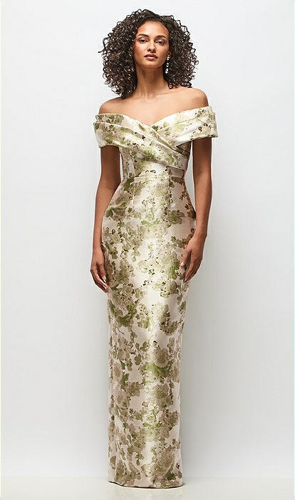 Draped Wrap Off-the-shoulder Abstract Floral Jacquard Column Maxi