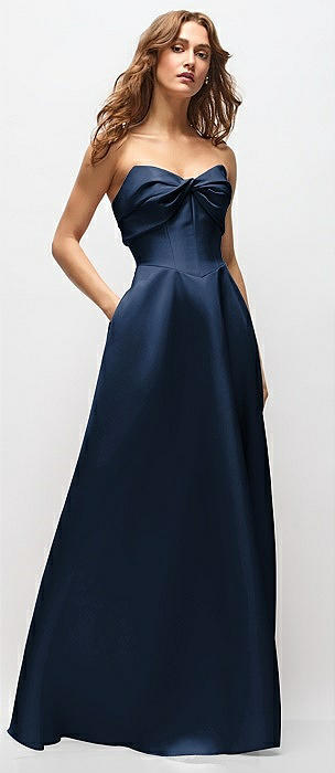 Strapless Twist Cuff Neck Satin Maxi Dress with Basque-Waist & Full Skirt