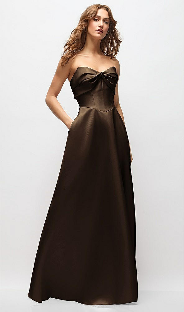 Front View - Espresso Strapless Twist Cuff Neck Satin Maxi Dress with Basque-Waist & Full Skirt