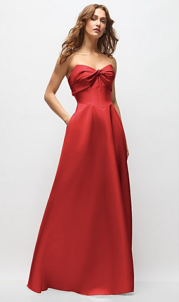 Front View - Poppy Red Strapless Twist Cuff Neck Satin Maxi Dress with Basque-Waist & Full Skirt