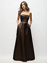 Front View Thumbnail - Espresso Strapless Hand-Pleated Bodice Satin Maxi Dress with Full Pleated Skirt