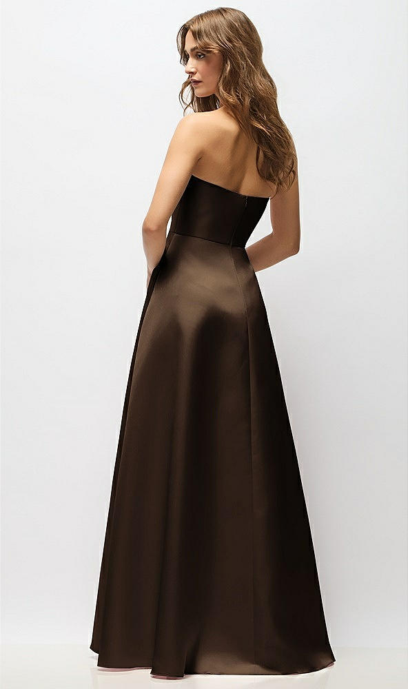Back View - Espresso Strapless Hand-Pleated Bodice Satin Maxi Dress with Full Pleated Skirt