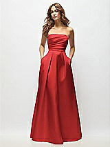 Front View Thumbnail - Poppy Red Strapless Hand-Pleated Bodice Satin Maxi Dress with Full Pleated Skirt