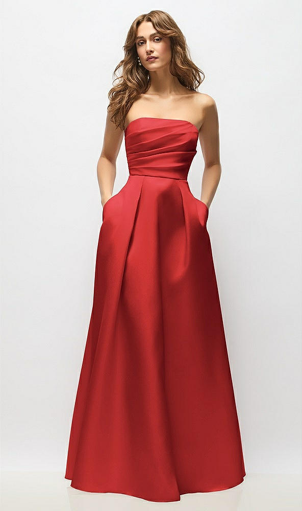 Front View - Poppy Red Strapless Hand-Pleated Bodice Satin Maxi Dress with Full Pleated Skirt