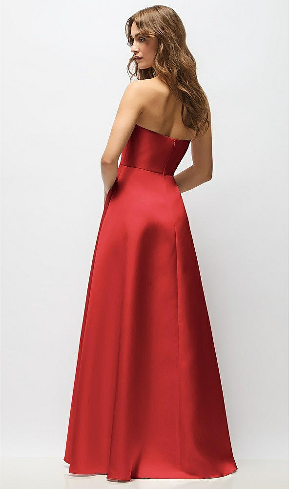 Back View - Poppy Red Strapless Hand-Pleated Bodice Satin Maxi Dress with Full Pleated Skirt