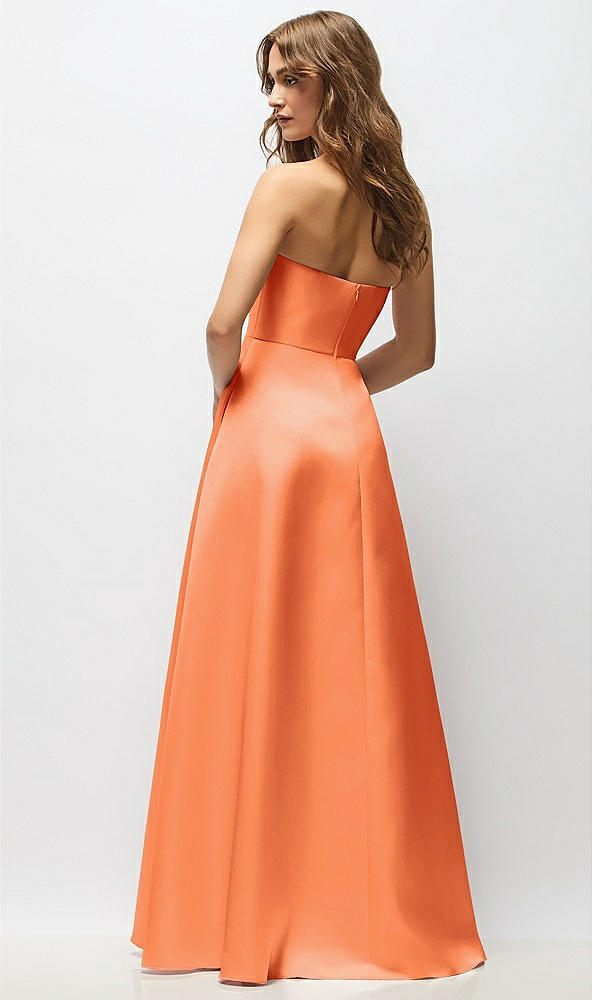 Back View - Portofino Orange Strapless Hand-Pleated Bodice Satin Maxi Dress with Full Pleated Skirt