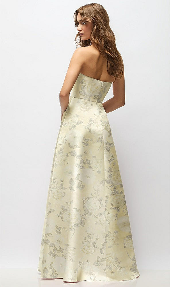 Back View - Butter Yellow Floral Strapless Hand-Pleated Bodice Floral Satin Maxi Dress with Full Pleated Skirt