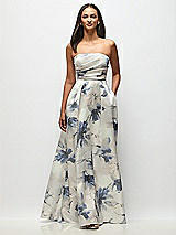 Front View Thumbnail - Inkwash Blue Floral Strapless Hand-Pleated Bodice Floral Satin Maxi Dress with Full Pleated Skirt