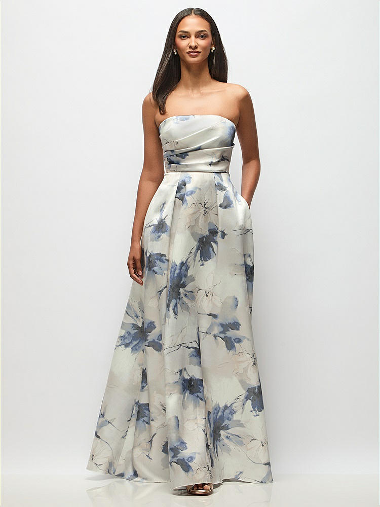 Strapless Cat-eye Draped Bodice Floral Satin Tumpet Bridesmaid