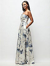 Side View Thumbnail - Inkwash Blue Floral Strapless Hand-Pleated Bodice Floral Satin Maxi Dress with Full Pleated Skirt