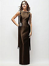 Front View Thumbnail - Espresso Bateau Neck Satin Column Maxi Dress with Exaggerated Tail Bow Straps