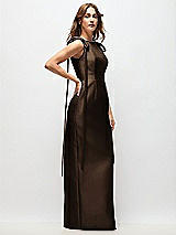 Side View Thumbnail - Espresso Bateau Neck Satin Column Maxi Dress with Exaggerated Tail Bow Straps