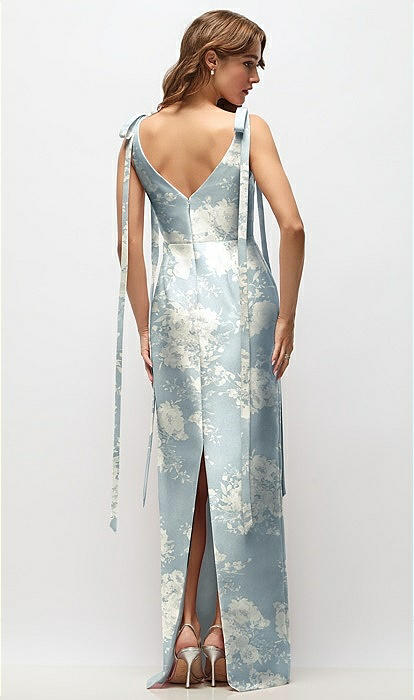 Floral Bateau Neck Satin Column Maxi Bridesmaid Dress With Exaggerated Tail  Bow Straps In Porcelain Blue Seraphina Floral | The Dessy Group