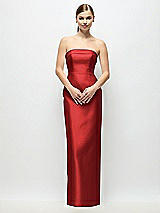 Rear View Thumbnail - Poppy Red Strapless Cuff Satin Maxi Dress with Column Skirt & Back Bow