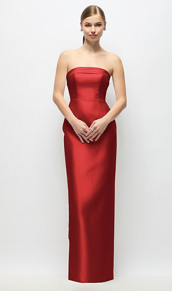Back View - Poppy Red Strapless Cuff Satin Maxi Dress with Column Skirt & Back Bow