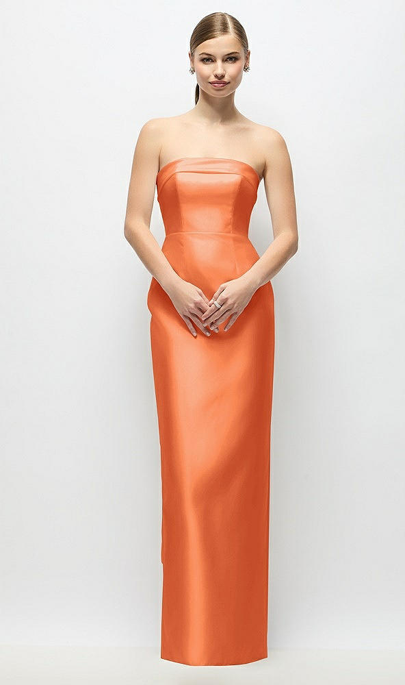 Back View - Portofino Orange Strapless Cuff Satin Maxi Dress with Column Skirt & Back Bow 
