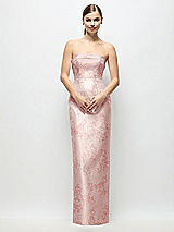 Front View Thumbnail - Bow And Blossom Print Strapless Cuff Floral Satin Maxi Dress with Column Skirt & Back Bow 