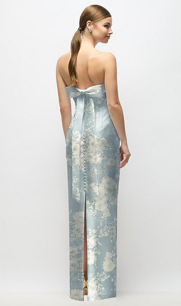 Back View - Porcelain Blue Seraphina Floral Strapless Cuff Floral Satin Maxi Dress with Column Skirt & Back Bow 