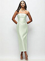 Rear View Thumbnail - Mint Green Strapless Cuff Satin Midi Dress with Column Skirt & Back Bow 